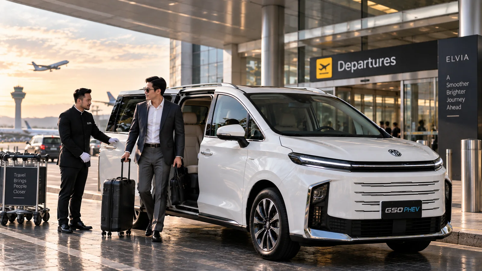 ELvia chauffeur assisting a business traveler at an airport departure entrance
