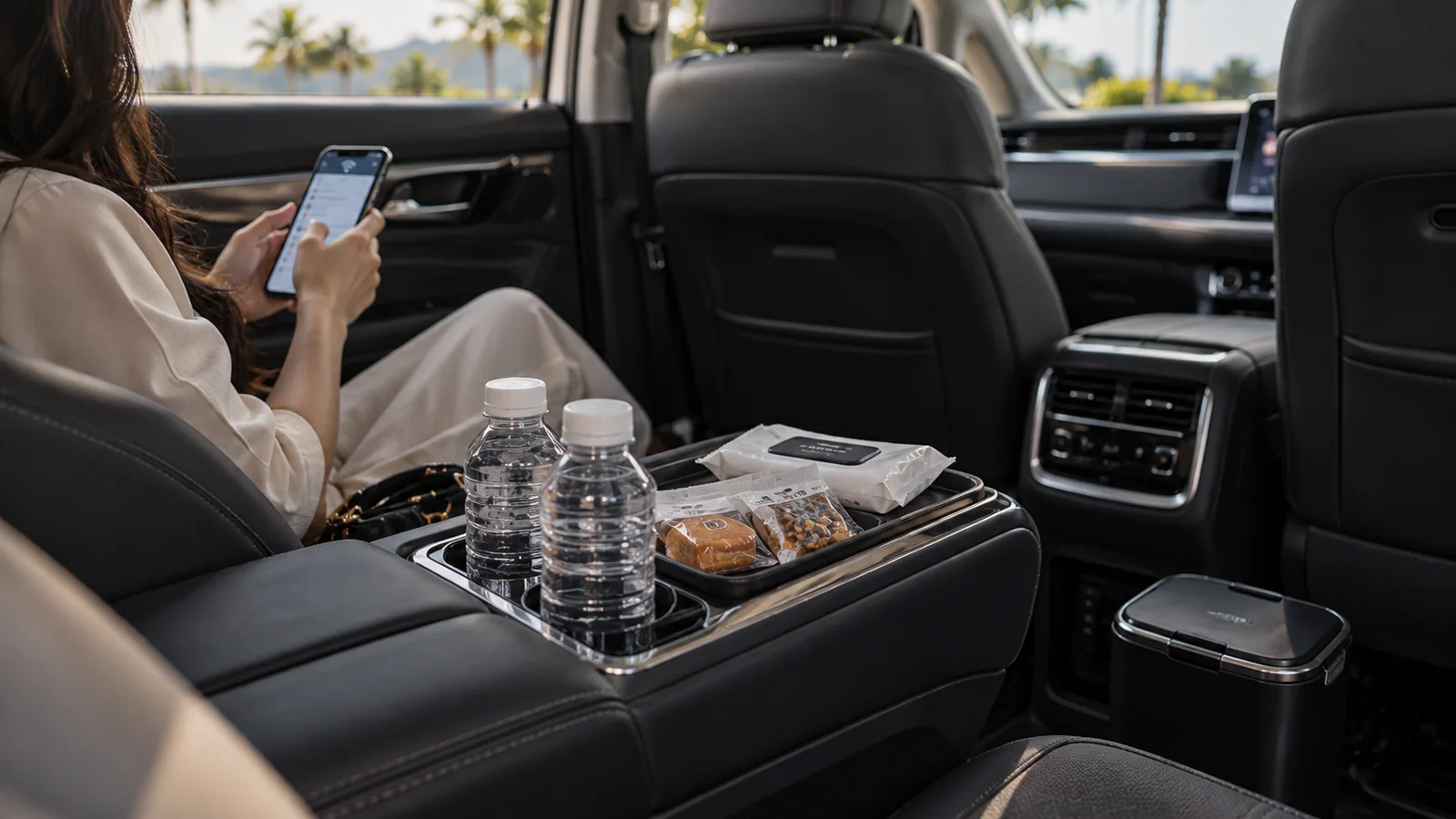 Thoughtfully prepared refreshments in the MG G50 PHEV rear cabin