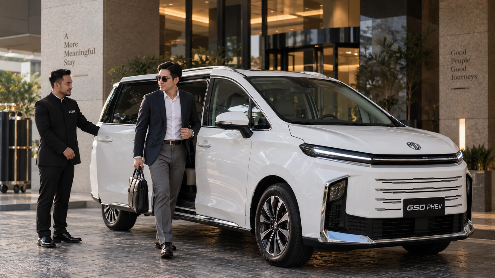 Executive passenger arriving with an ELvia MG G50 PHEV