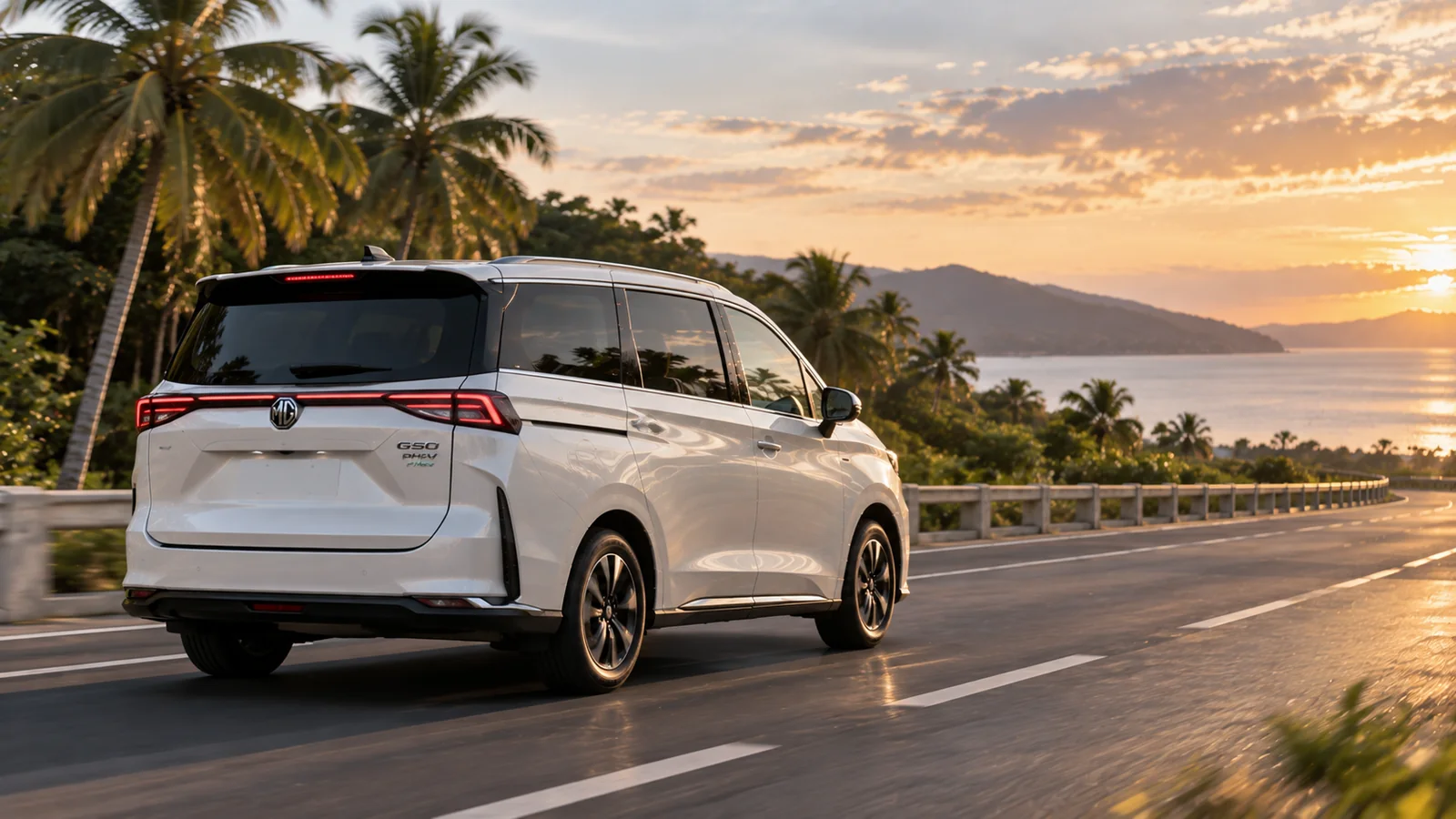 White MG G50 PHEV travelling along a coastal road at golden hour