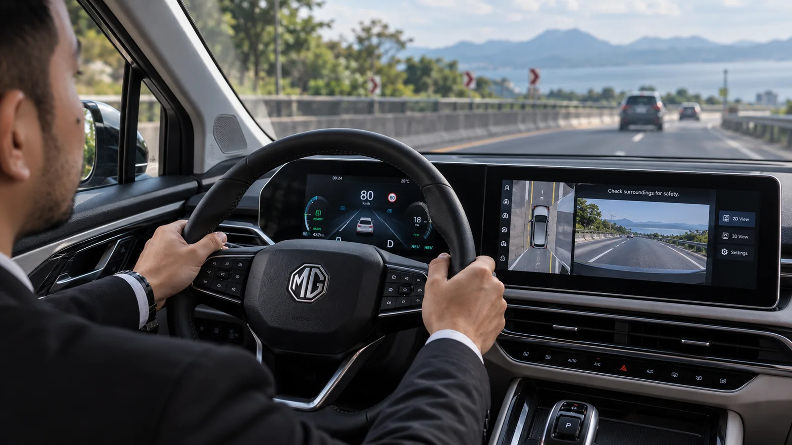 MG G50 PHEV driver-assistance and 360-degree camera display