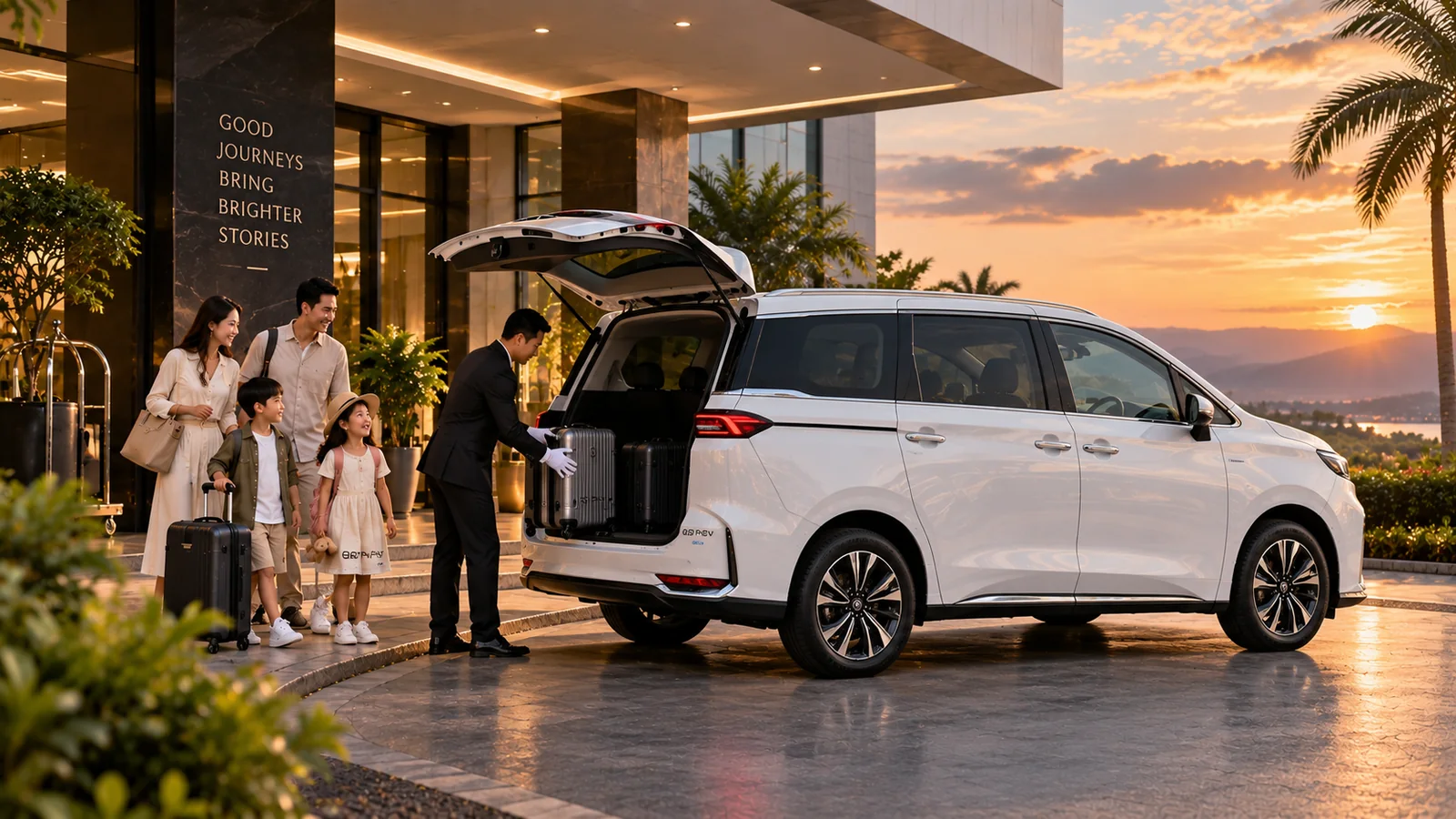 ELvia chauffeur welcoming a family beside the white MG G50 PHEV