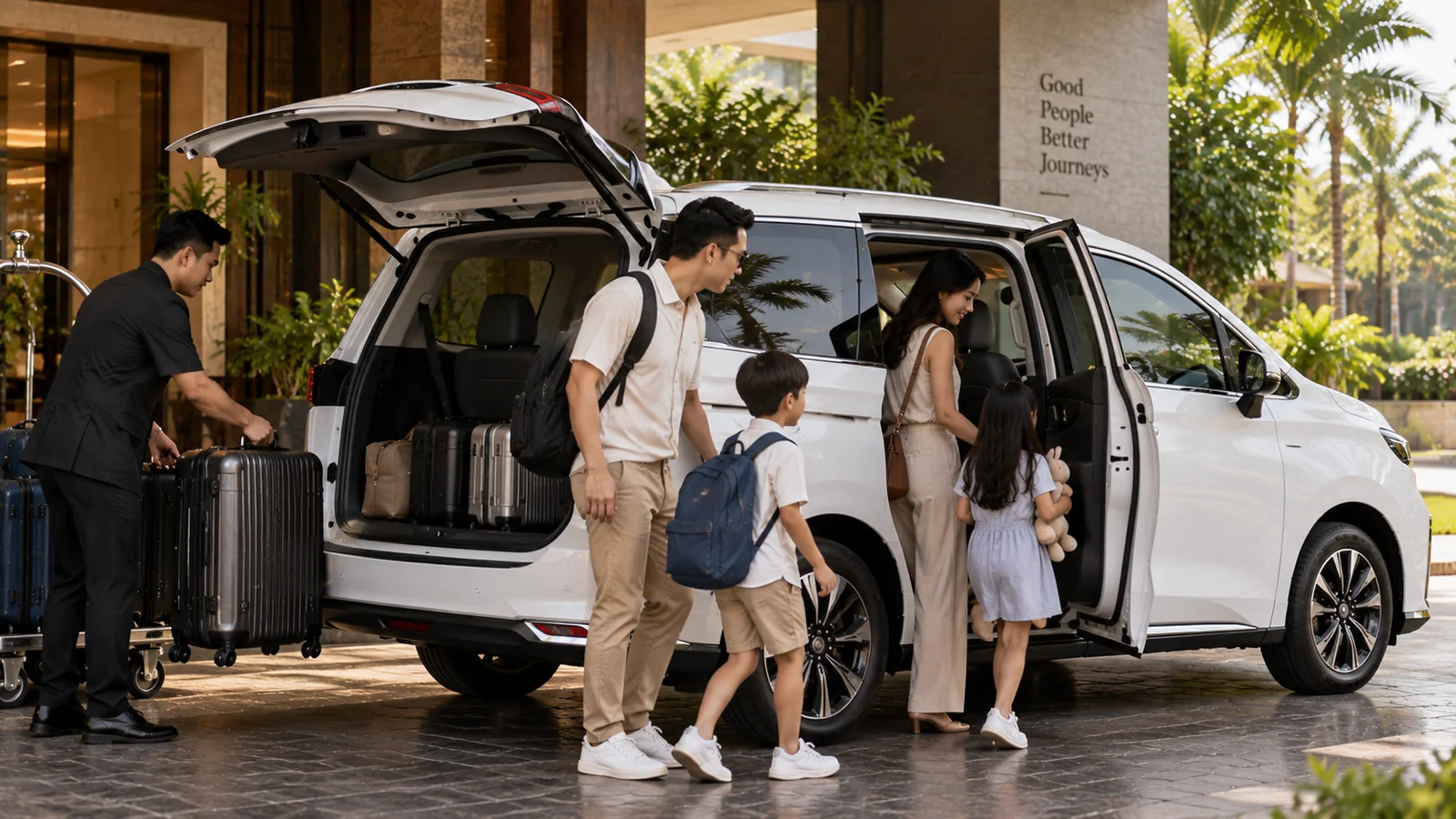 Family preparing to depart with ELvia at a hotel entrance