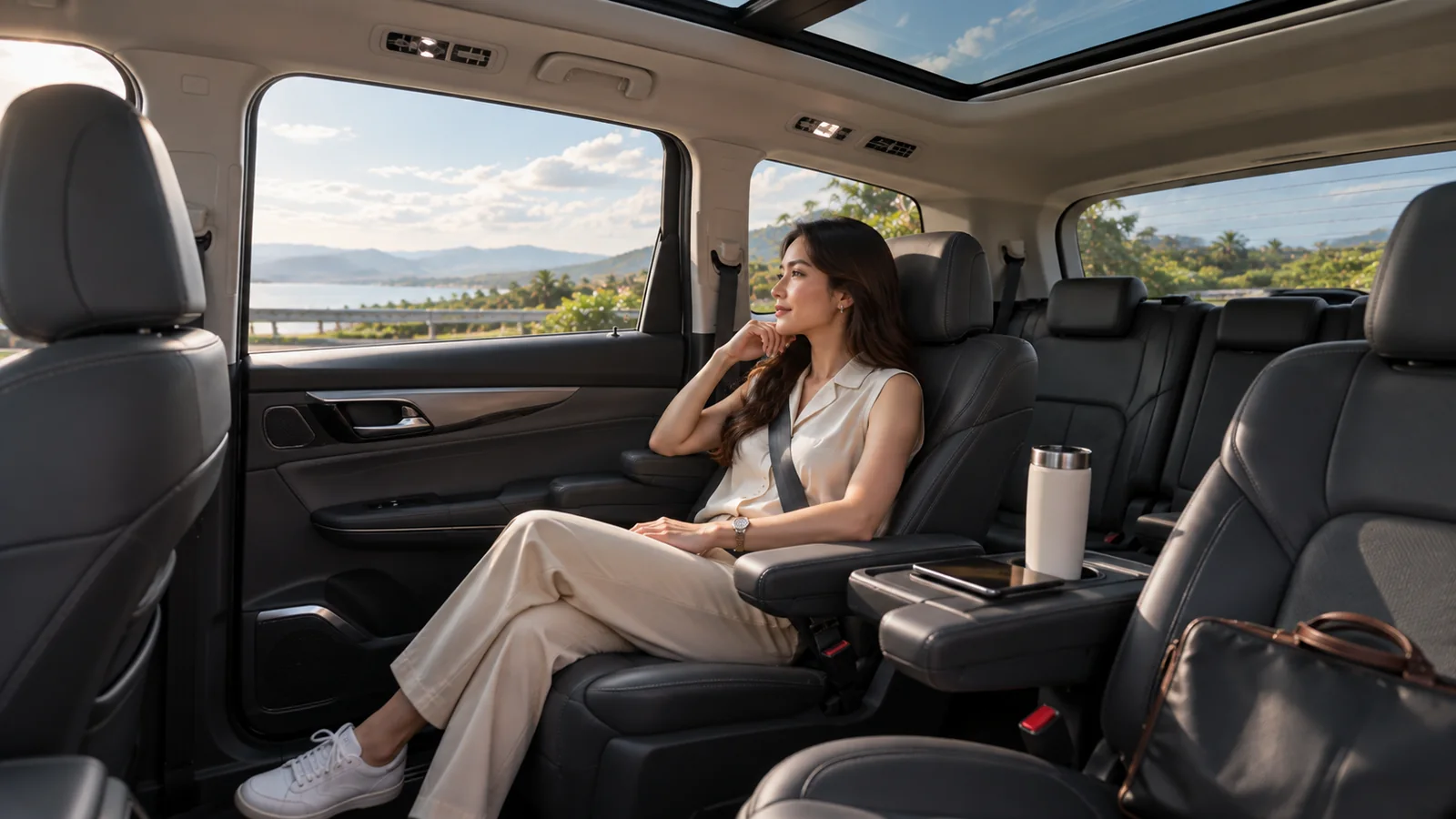 Passenger relaxing in the MG G50 PHEV second row with panoramic roof