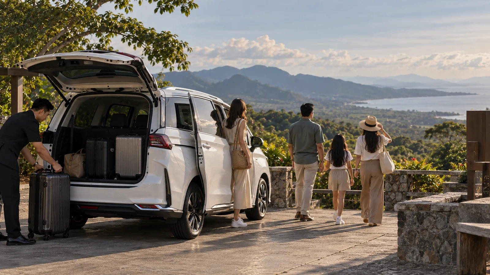 ELvia family enjoying a scenic road trip arrival