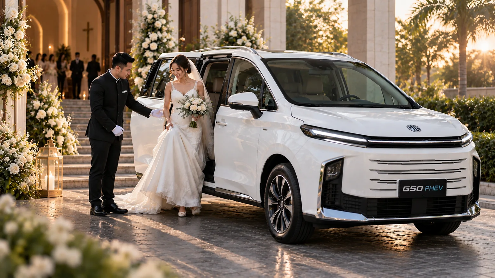 Bride arriving with ELvia for a wedding occasion